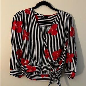 Madewell Black and White Striped Blouse with Red Floral Accents
